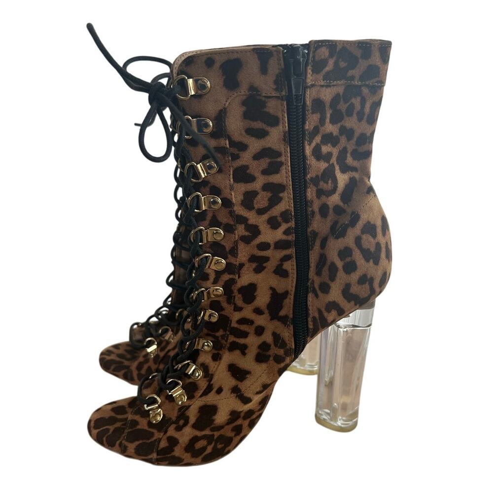 Women's Cheetah Print Lace Up Open Toe Clear 4 Inch Heel Going Out Size 6.5